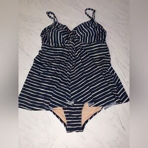 Garnet hill one piece bathing suit swim navy white stripe drape 14